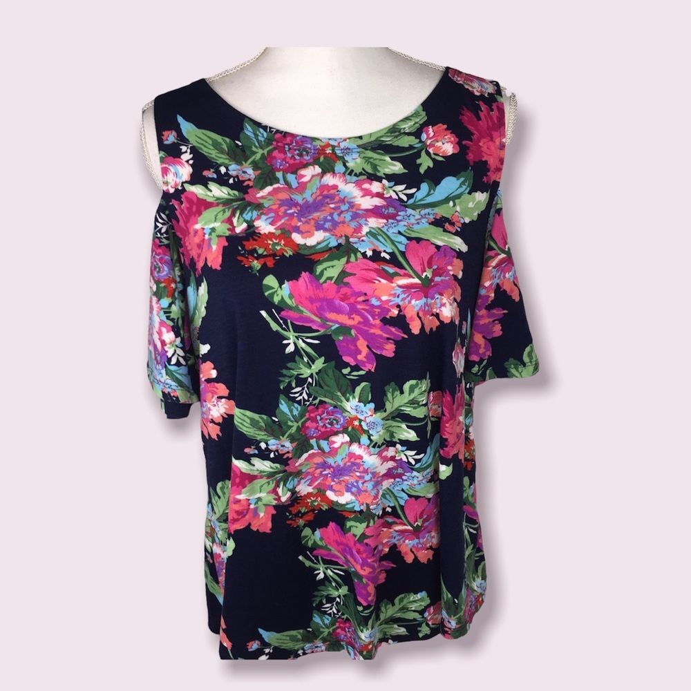NWT Floral Cold Shoulder Top Blouse Sz S Navy Pink Spring Summer Easter